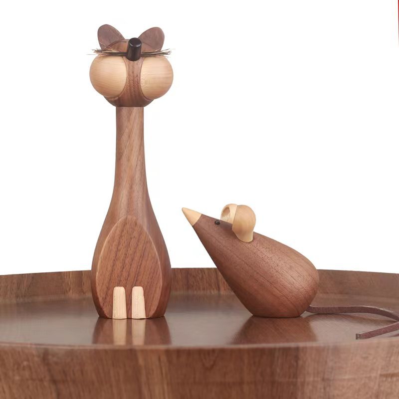 Nordic Black Walnut Cat & Mouse Figurines