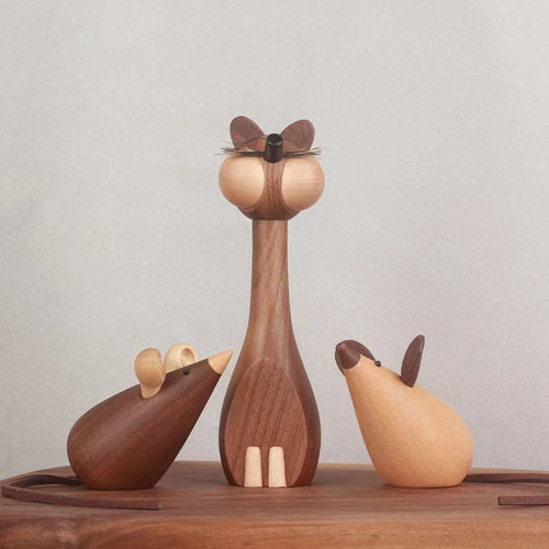 Nordic Black Walnut Cat & Mouse Figurines