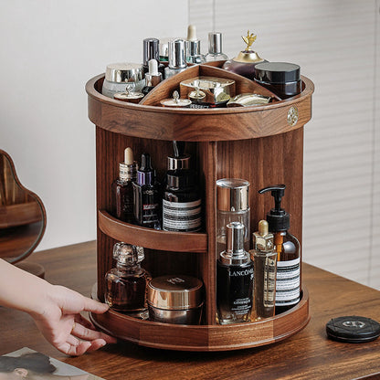 Large Rotating Walnut Wood Cosmetic Organizer