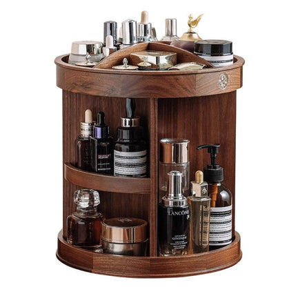 Large Rotating Walnut Wood Cosmetic Organizer