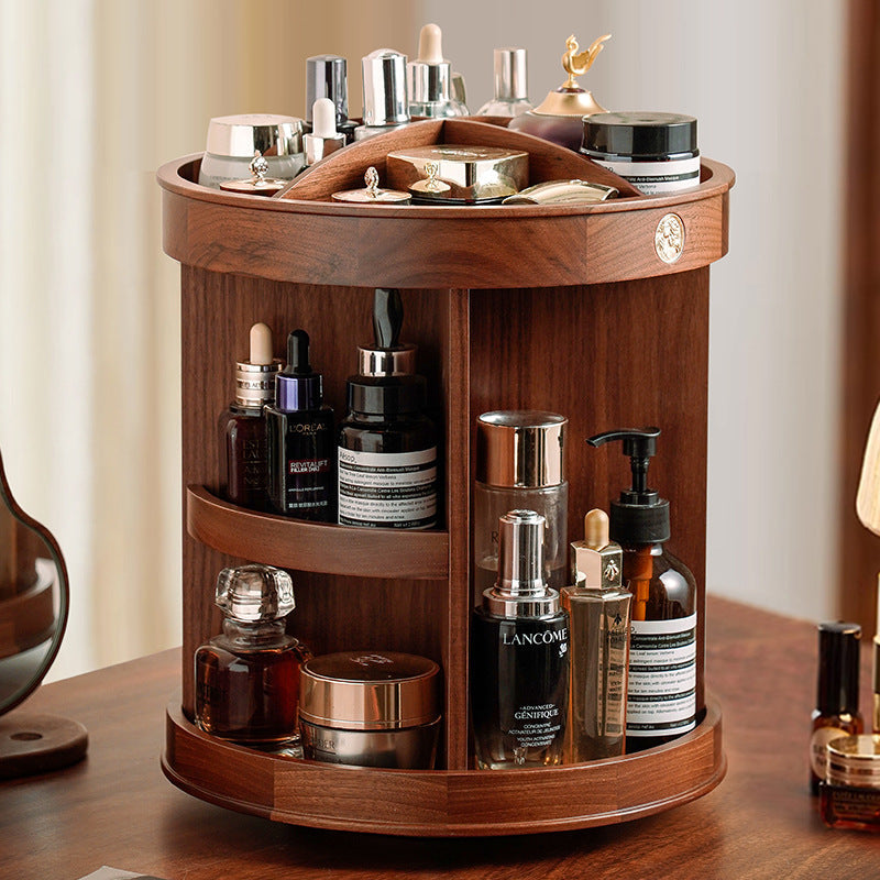 Large Rotating Walnut Wood Cosmetic Organizer